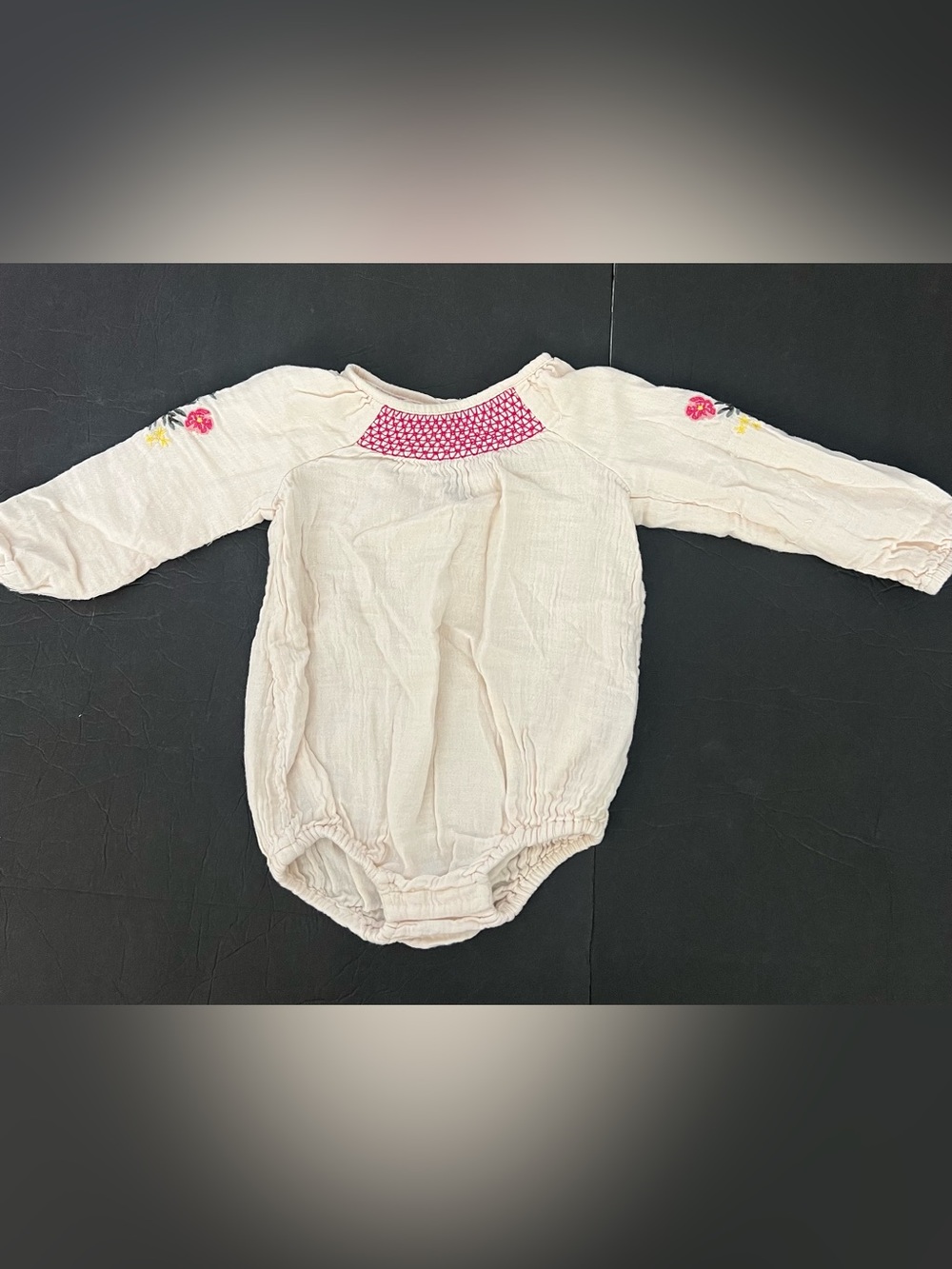 18-24M Old Navy Cream Baby One-Piece with Pink Embroidered Neck & Sleeve Detail